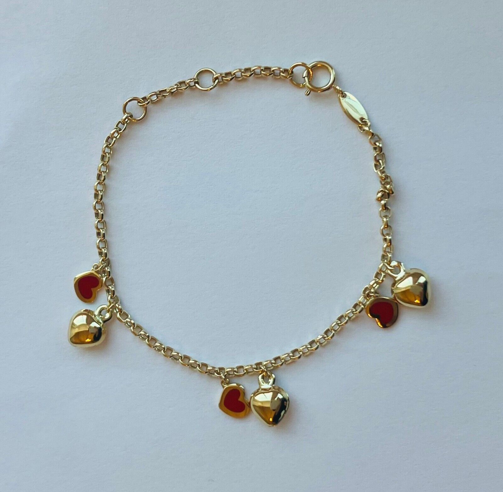 14kt Gold Red and Gold Baby Heart Charm Bracelet-6 inch Adjustable